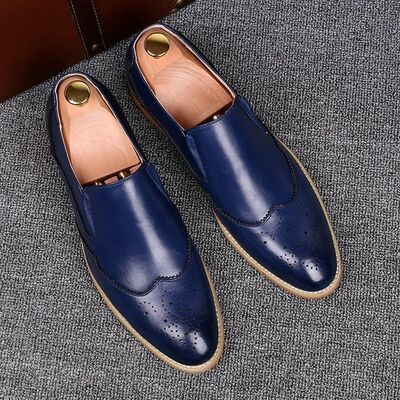 NEW Men Handmade Blue Color Shoes, Men's Leather Wing Tip Slip On Loafer Formal