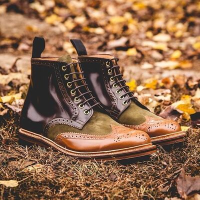 New handmade ankle high two tone brogue boots, fashion men leather casual boots