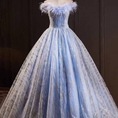 Blue tulle sequins long prom dresses, a-line evening dresses with feather