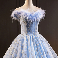 Blue Tulle Sequins Long Prom Dresses, A-Line Evening Dresses with Feather - Thumbnail 1