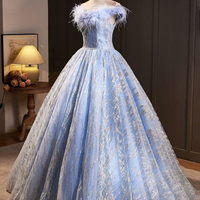 Blue Tulle Sequins Long Prom Dresses, A-Line Evening Dresses with Feather - Thumbnail 2