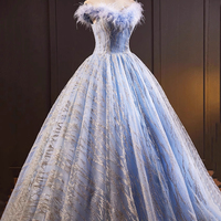 Blue Tulle Sequins Long Prom Dresses, A-Line Evening Dresses with Feather - Thumbnail 3