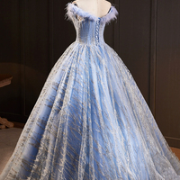 Blue Tulle Sequins Long Prom Dresses, A-Line Evening Dresses with Feather - Thumbnail 4