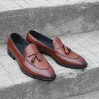 Crafted Leather Brown Tassel Loafers Classic Men Dress Shoes - Thumbnail 1