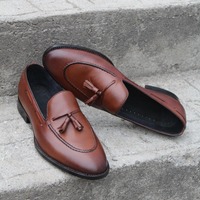 Crafted Leather Brown Tassel Loafers Classic Men Dress Shoes - Thumbnail 3