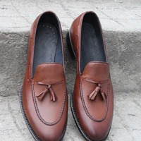 Crafted Leather Brown Tassel Loafers Classic Men Dress Shoes - Thumbnail 5