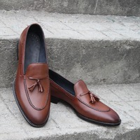 Crafted Leather Brown Tassel Loafers Classic Men Dress Shoes - Thumbnail 6
