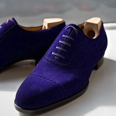 Handmade men's navy blue leather oxfords cap toe lace up shoes
