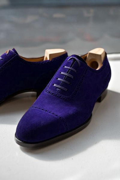 Handmade Men's Navy Blue Leather Oxfords Cap Toe Lace Up Shoes