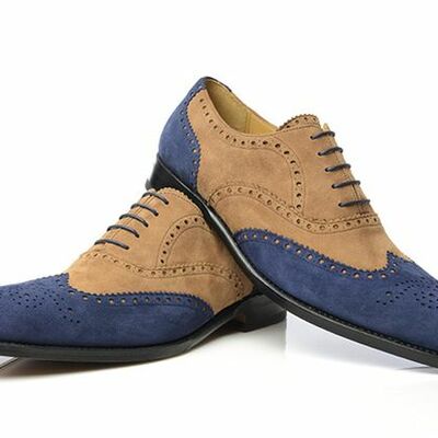 Handmade men's graceful brown & blue suede wingtip oxford shoes handcrafted leather shoes