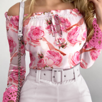 One Shoulder Printed Long Sleeved Shirt Top - Thumbnail 1