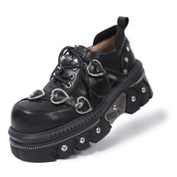Metal Fashion Heart Buckles Lace-up Platform Leather Shoes - Thumbnail 1