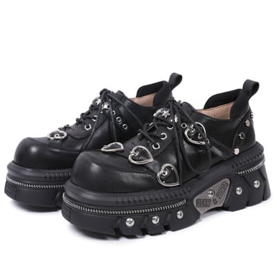 Metal fashion heart buckles lace-up platform leather shoes