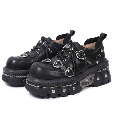 Metal Fashion Heart Buckles Lace-up Platform Leather Shoes