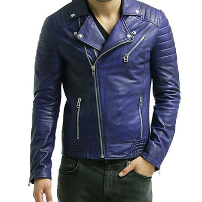 Stylish men's lambskin leather bomber biker jacket, men blue leather jacket