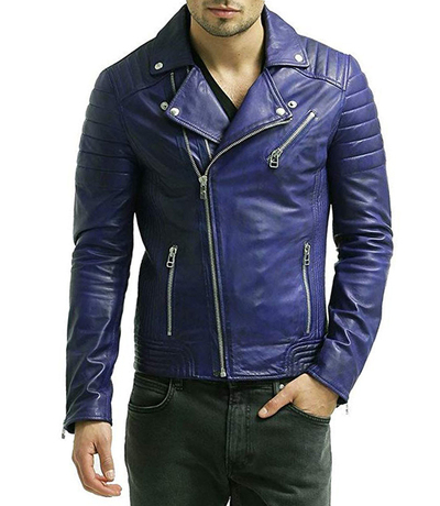 Stylish Men's Lambskin Leather Bomber Biker Jacket, Men Blue Leather Jacket