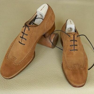 Brown full suede oxford derby toe wing tip vintage leather handmade men shoes