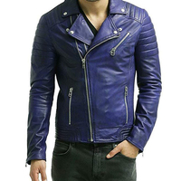 Stylish Men's Lambskin Leather Bomber Biker Jacket, Men Blue Leather Jacket - Thumbnail 4