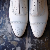 Handmade White Oxford Edition Lace Up Cap Toe Shoes - Thumbnail 1