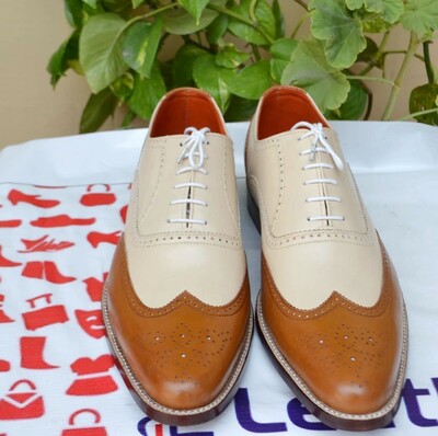 Crafted Leather Handmade Men Bespoke Dress Shoes Brown Beige Leather Wingtip Oxford
