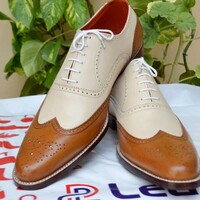 Crafted Leather Handmade Men Bespoke Dress Shoes Brown Beige Leather Wingtip Oxford - Thumbnail 1