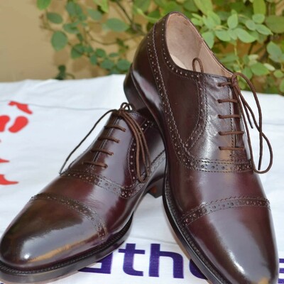 Crafted leather handmade dark brown leather classic oxford lace up dress shoes - Thumbnail 5