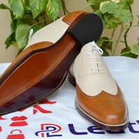 Crafted Leather Handmade Men Bespoke Dress Shoes Brown Beige Leather Wingtip Oxford - Thumbnail 2