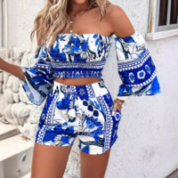Casual Blue Retro Print Two Piece Set - Thumbnail 2