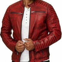 New Men's Handmade Red Leather Stylish Zipper Bomber Fashion Biker Leather Jacke - Thumbnail 1