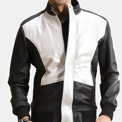 New men handmade black and white leather biker fashion jacket - Thumbnail 4