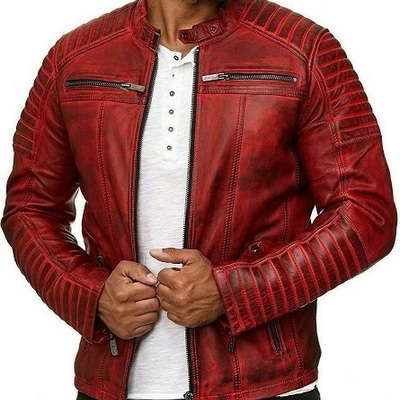 New men's handmade red leather stylish zipper bomber fashion biker leather jacke