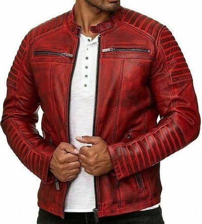New Men's Handmade Red Leather Stylish Zipper Bomber Fashion Biker Leather Jacke