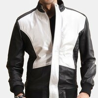 New Men Handmade Black and white Leather Biker Fashion Jacket - Thumbnail 4