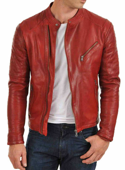 Men's Stylish Genuine Lambskin Motorcycle Bomber Biker Leather Jacket