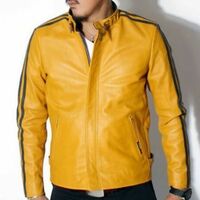 New Men Jacket Original Yellow Lambskin Leather Designer Party - Thumbnail 1