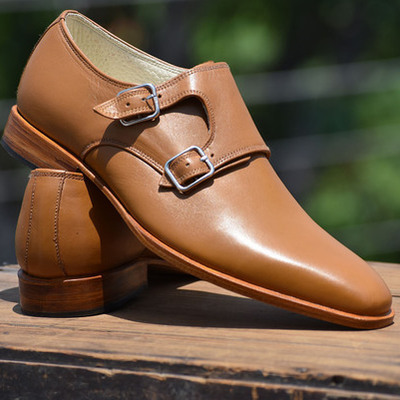 Handmade monk double buckle straps tan color plain pointed toe men vintage shoes