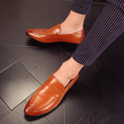 Men tan color moccasin loafer slip ons burnished rounded toe real leather shoes