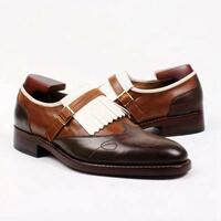 Handmade men three tone shoes, men wingtip shoes with fringes, dress formal shoe - Thumbnail 4