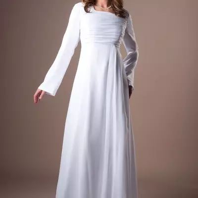 Long informal chiffon modest wedding dresses with long sleeves ruched informal beach temple bridal gowns white floor length reception gown