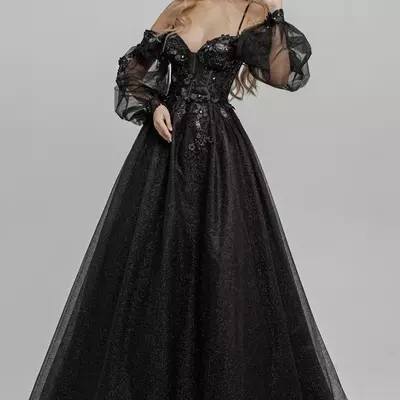Black gothic wedding dresses gowns off the shoulder long sleeves sequins tulle sparkle goth bridal robes