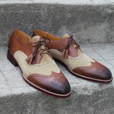 Crafted leather handmade brown leather beige suede ghillie lacing wingtip oxford dress shoes - Thumbnail 3