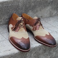 Crafted Leather Handmade Brown Leather Beige Suede Ghillie Lacing Wingtip Oxford Dress Shoes - Thumbnail 3
