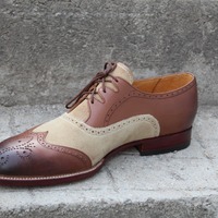Crafted Leather Handmade Brown Leather Beige Suede Ghillie Lacing Wingtip Oxford Dress Shoes - Thumbnail 4