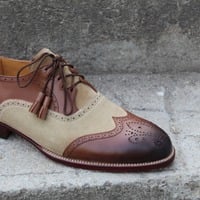 Crafted Leather Handmade Brown Leather Beige Suede Ghillie Lacing Wingtip Oxford Dress Shoes - Thumbnail 8