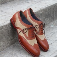 Crafted Leather Handmade Brown Suede Leather Wingtip Oxford Lace up Dress Shoes - Thumbnail 1
