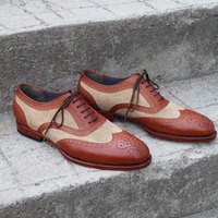 Crafted Leather Handmade Brown Suede Leather Wingtip Oxford Lace up Dress Shoes - Thumbnail 2