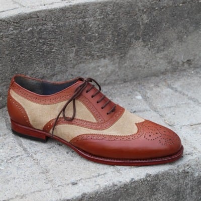 Crafted leather handmade brown suede leather wingtip oxford lace up dress shoes - Thumbnail 3