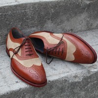 Crafted Leather Handmade Brown Suede Leather Wingtip Oxford Lace up Dress Shoes - Thumbnail 5