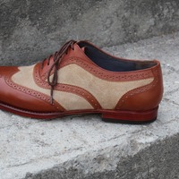 Crafted Leather Handmade Brown Suede Leather Wingtip Oxford Lace up Dress Shoes - Thumbnail 7