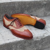 Crafted Leather Handmade Brown Suede Leather Wingtip Oxford Lace up Dress Shoes - Thumbnail 8